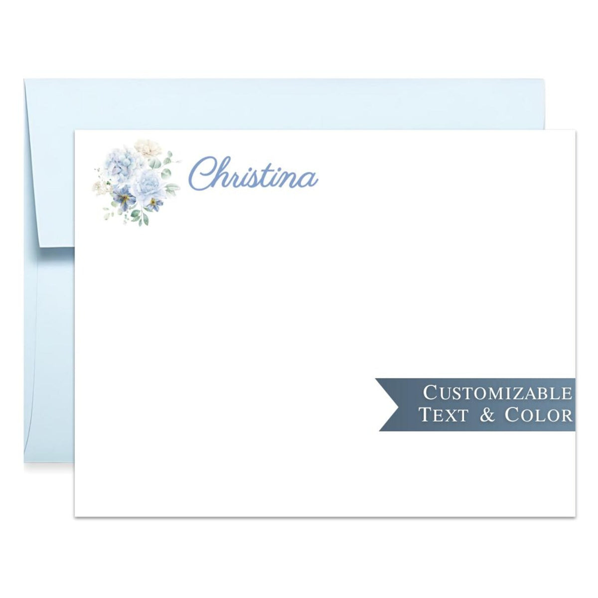 The image is a blank card with a floral design and the name "Christina" written on it. The card is set against a light blue background, and there is a gray ribbon on the right side that says "Customizable Text & Color".