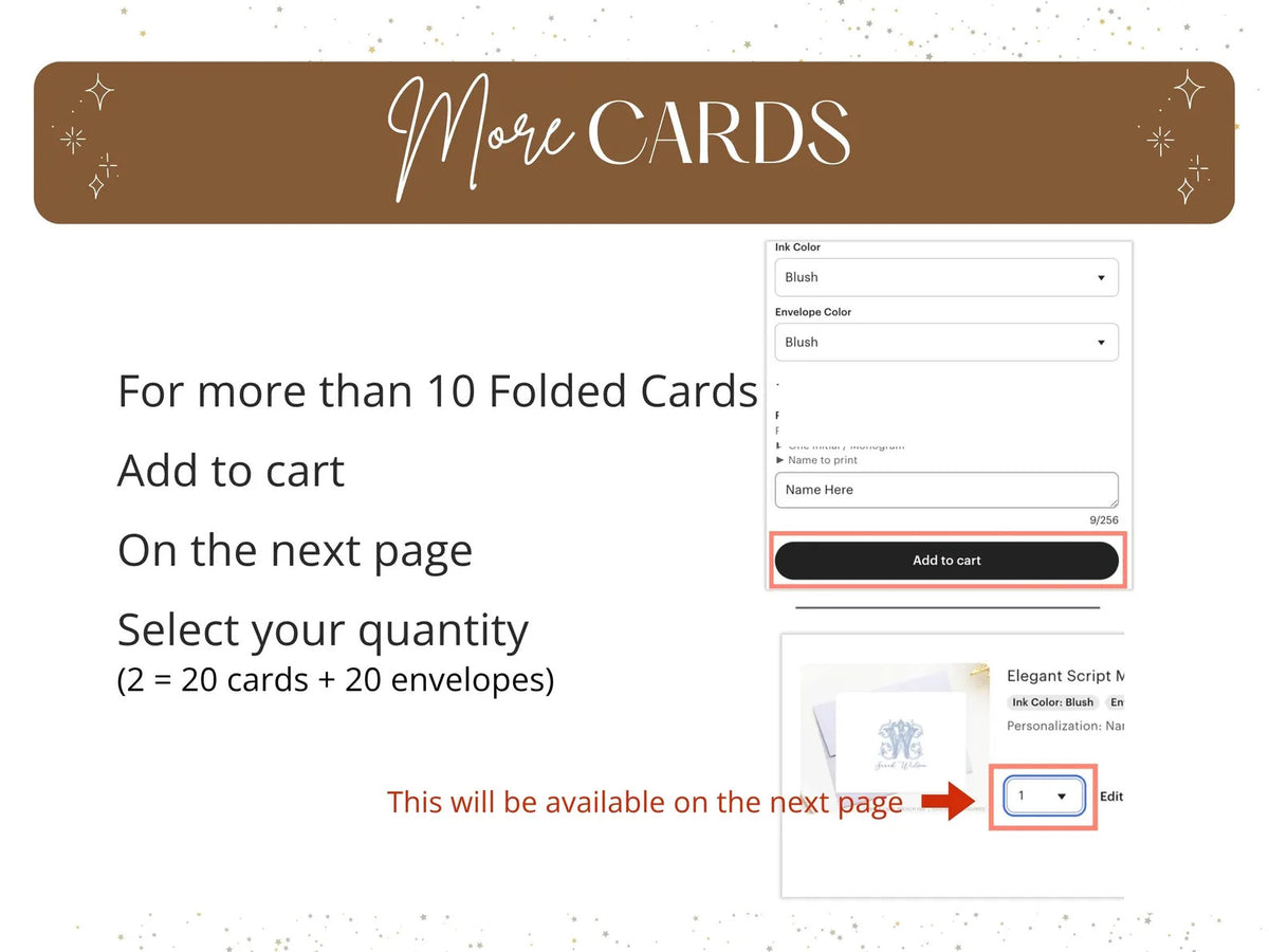 The image is a screenshot of a website interface for a card-making service, displaying a form for adding more cards to a cart and selecting the quantity of cards and envelopes to be purchased.