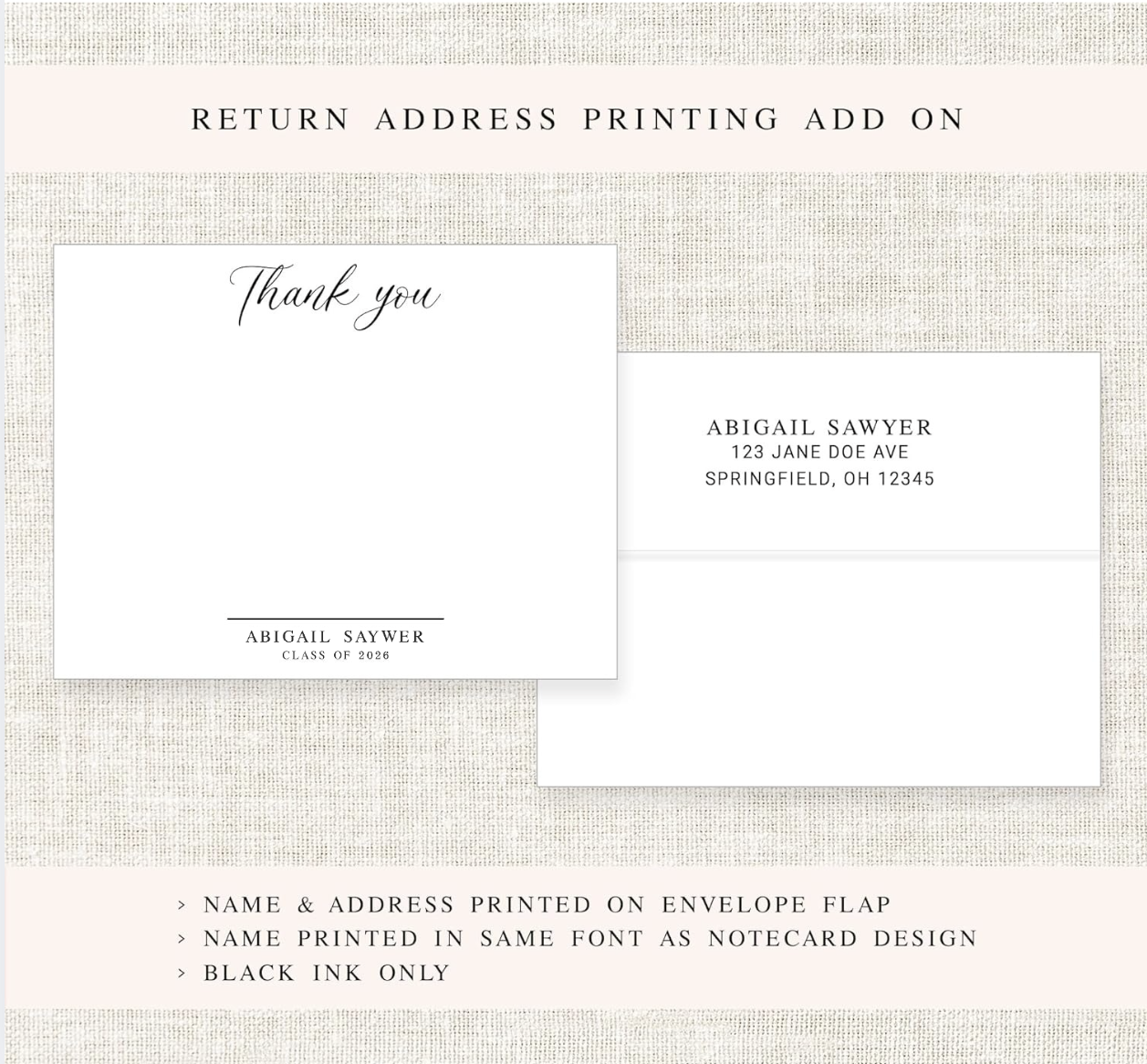 a thank you card with a return address printed on it. The card is addressed to Abigail Sawyer and is printed on an envelope flap. The address is printed in the same font as the notecard design, and the card is printed in black ink.