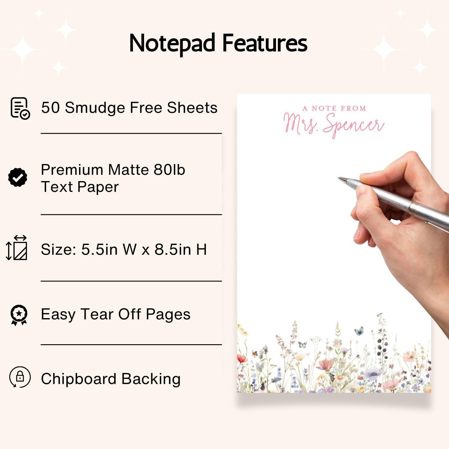 a hand holding a pen over a note pad with a floral design, and there are several features listed below the pad.