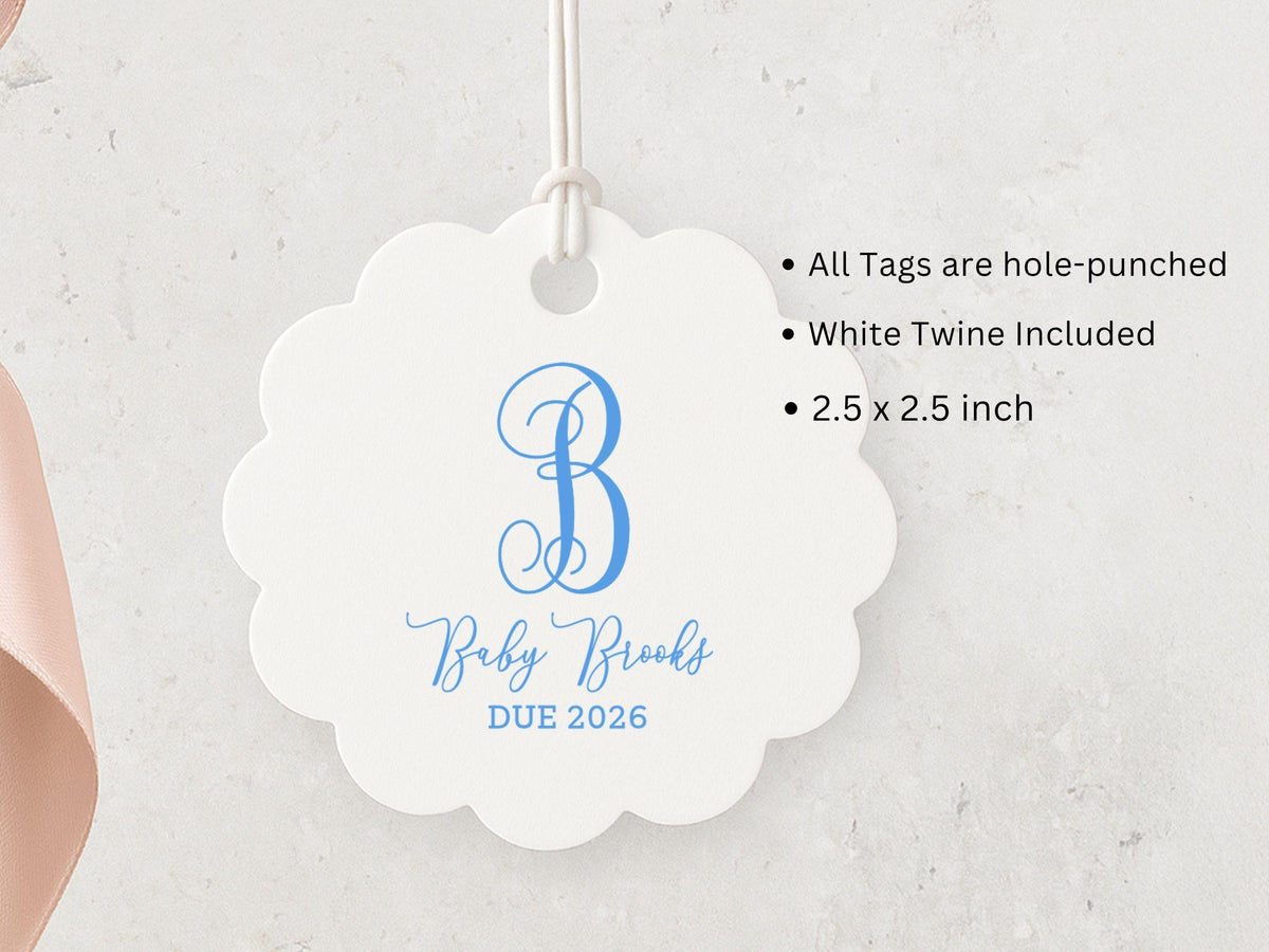 a white tag with a blue logo and text, hanging on a white surface.