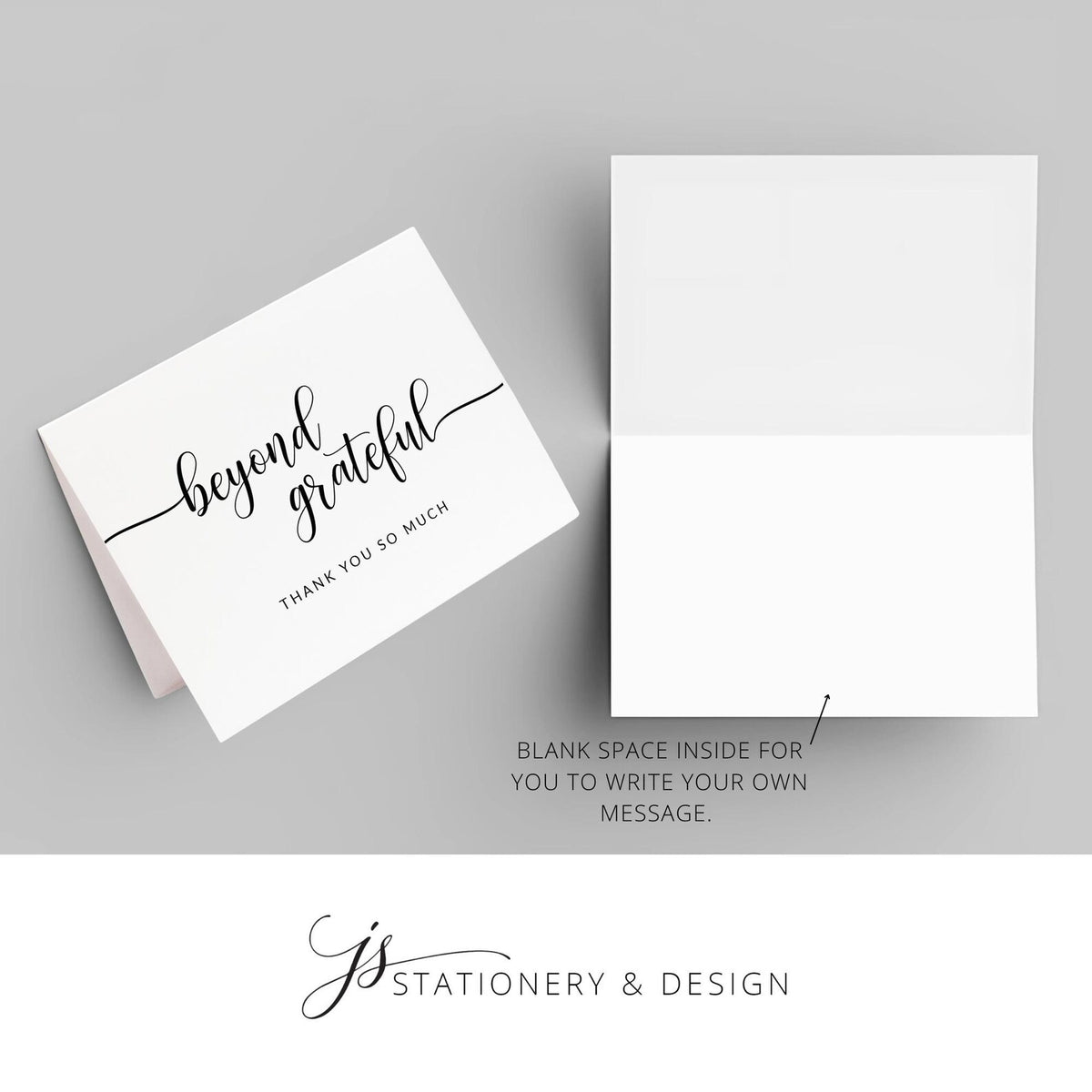 a blank card with the text "Beyond grateful" written on it, along with instructions for filling the space inside for writing a personal message.