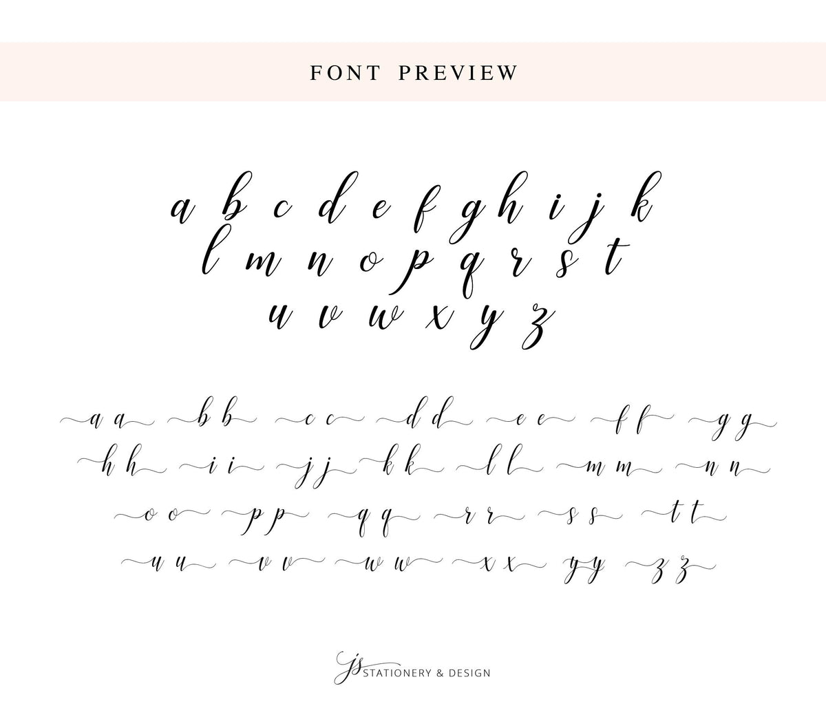 The image is a font preview featuring a variety of cursive and print font styles, including the alphabet, decorative script, and other typographic elements.
