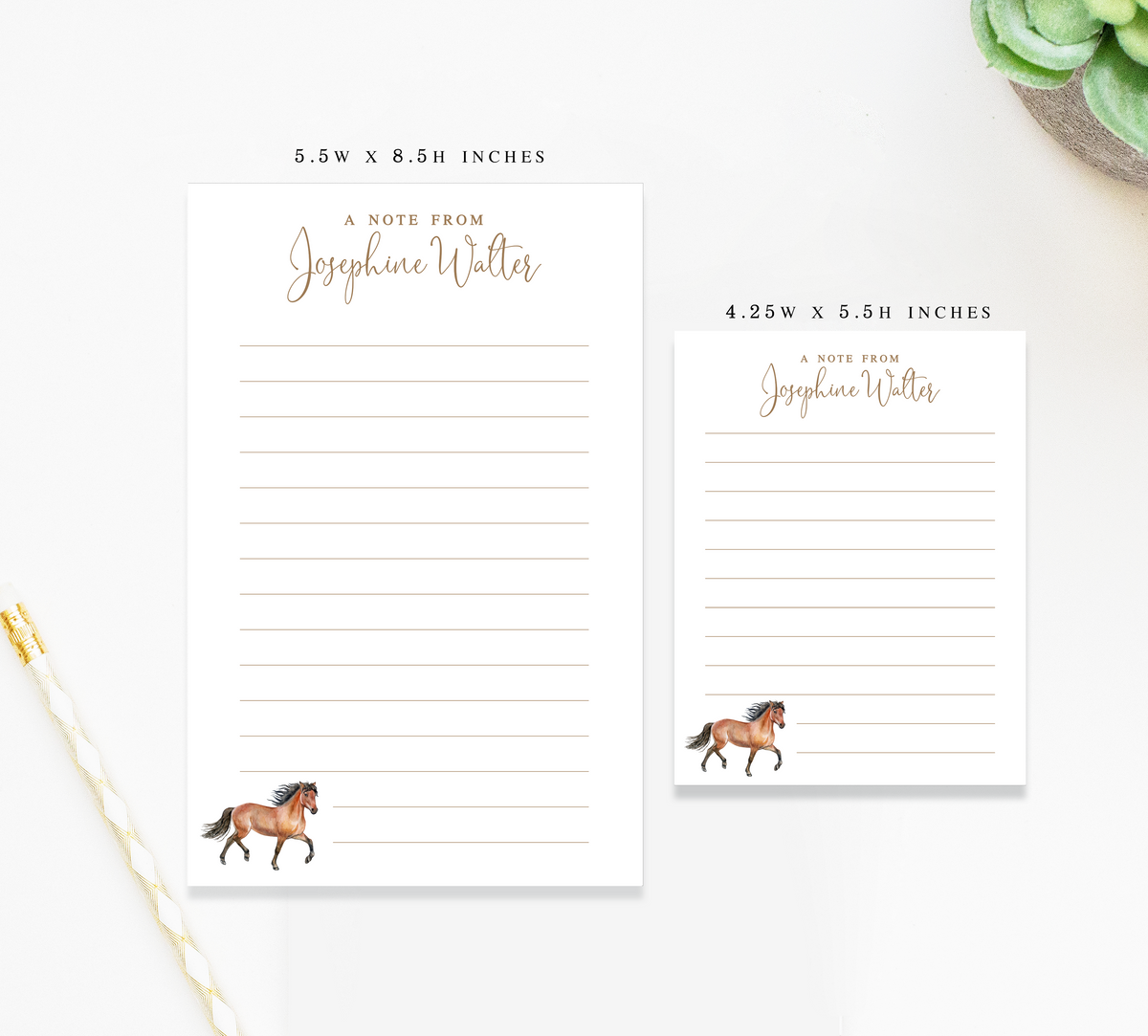 two blank note pads with a horse illustration on them. The note pads are labeled with the names of the people who wrote the notes.