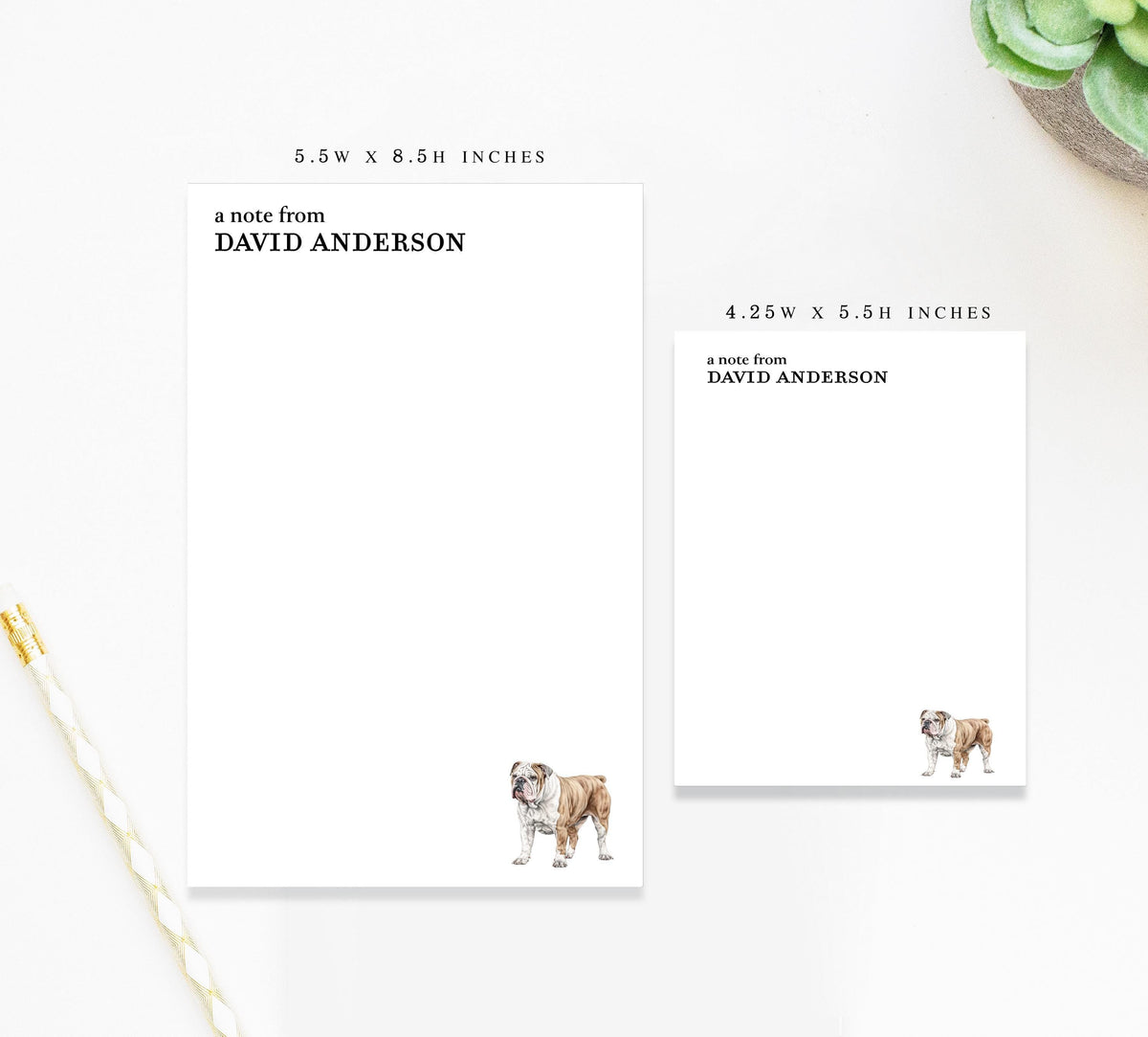 a note pad with a watercolor illustration of a bulldog on it, along with a note from David Anderson. The note pad is 5.5 x 8.5 inches in size.