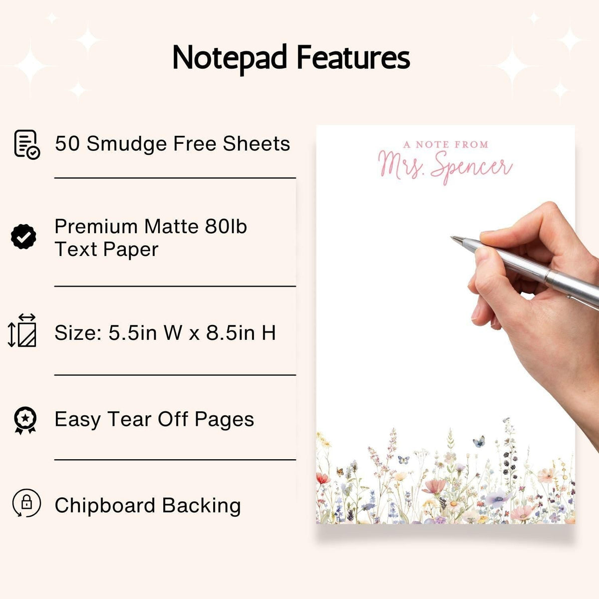 a hand holding a pen over a note pad with a floral design, and there are several features listed below the pad.