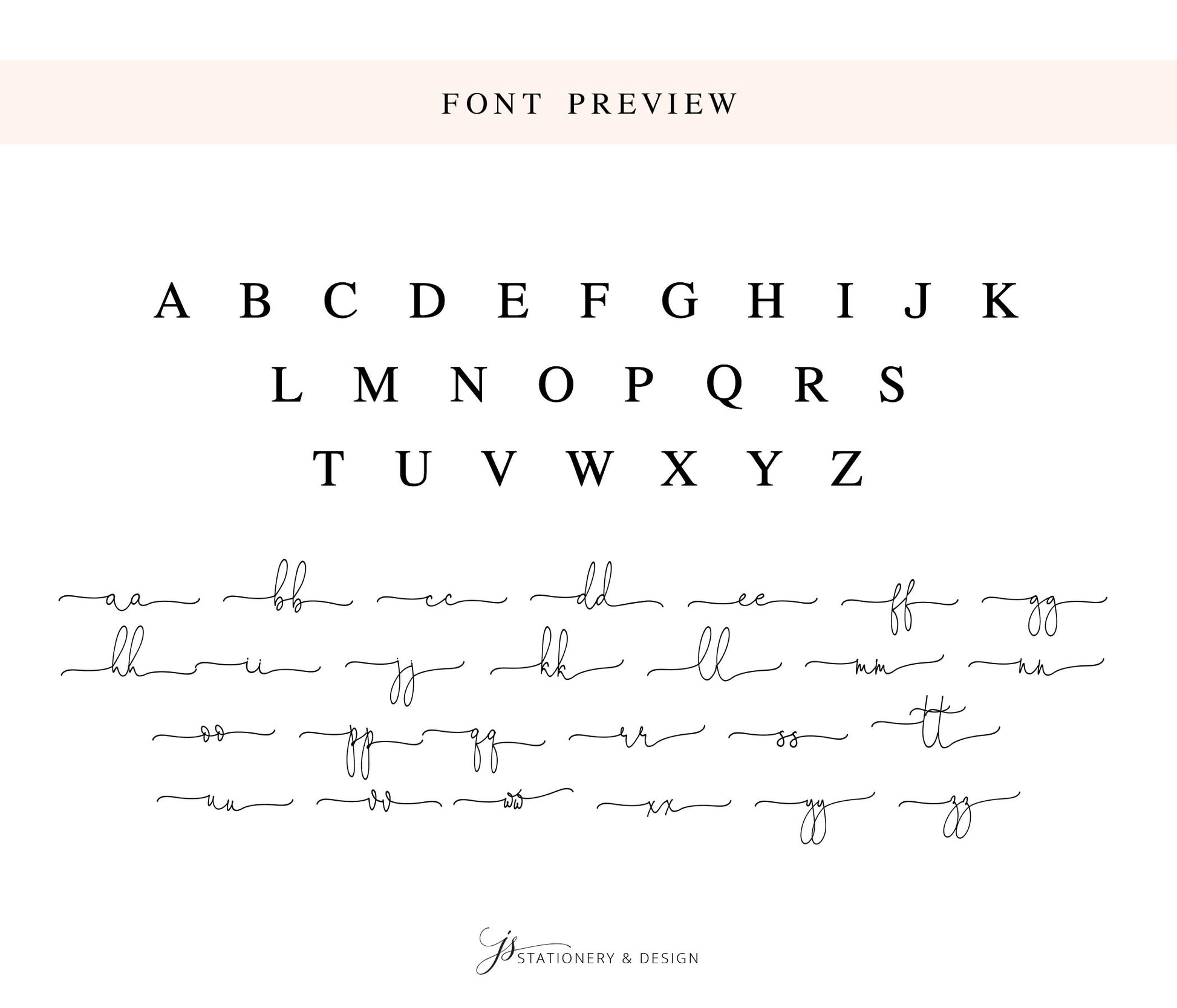 The image is a font preview featuring the alphabet in a cursive script style.