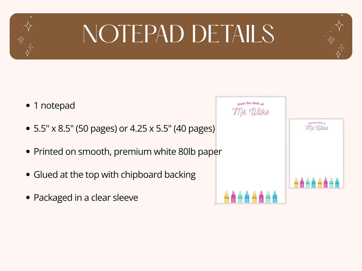 a notebook and a stationery item, both of which are packaged in a clear sleeve. The notebook is a 5.5 x 8.5" (50 pages) or 4.25 x 5.5" (40 pages) size, printed on smooth, premium white 80lb paper, and has a chipboard backing. The stationery item is a mini-sized notepad with a design of colorful pencils on it, and it is also packaged in a clear sleeve.