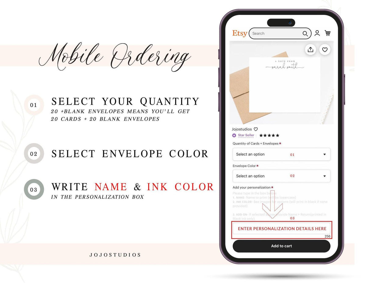 The image is a mobile ordering interface for a business, displaying options for selecting quantity, envelope color, and personalization details.