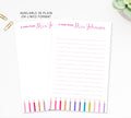 two blank lined notepads with a note from Mrs. Johnson written on them, along with a row of colored pencils on the right side of the notepads.