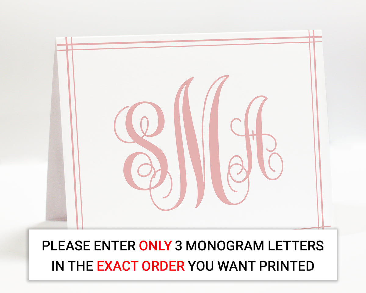 a set of greeting cards with a monogrammed initials on them. The text on the image indicates that only three monogram letters are to be printed, and the user should enter them in the exact order they want printed.