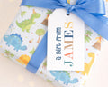A gift wrapped in a dinosaur-themed wrapping paper with a blue ribbon, featuring a personalized gift tag that reads 