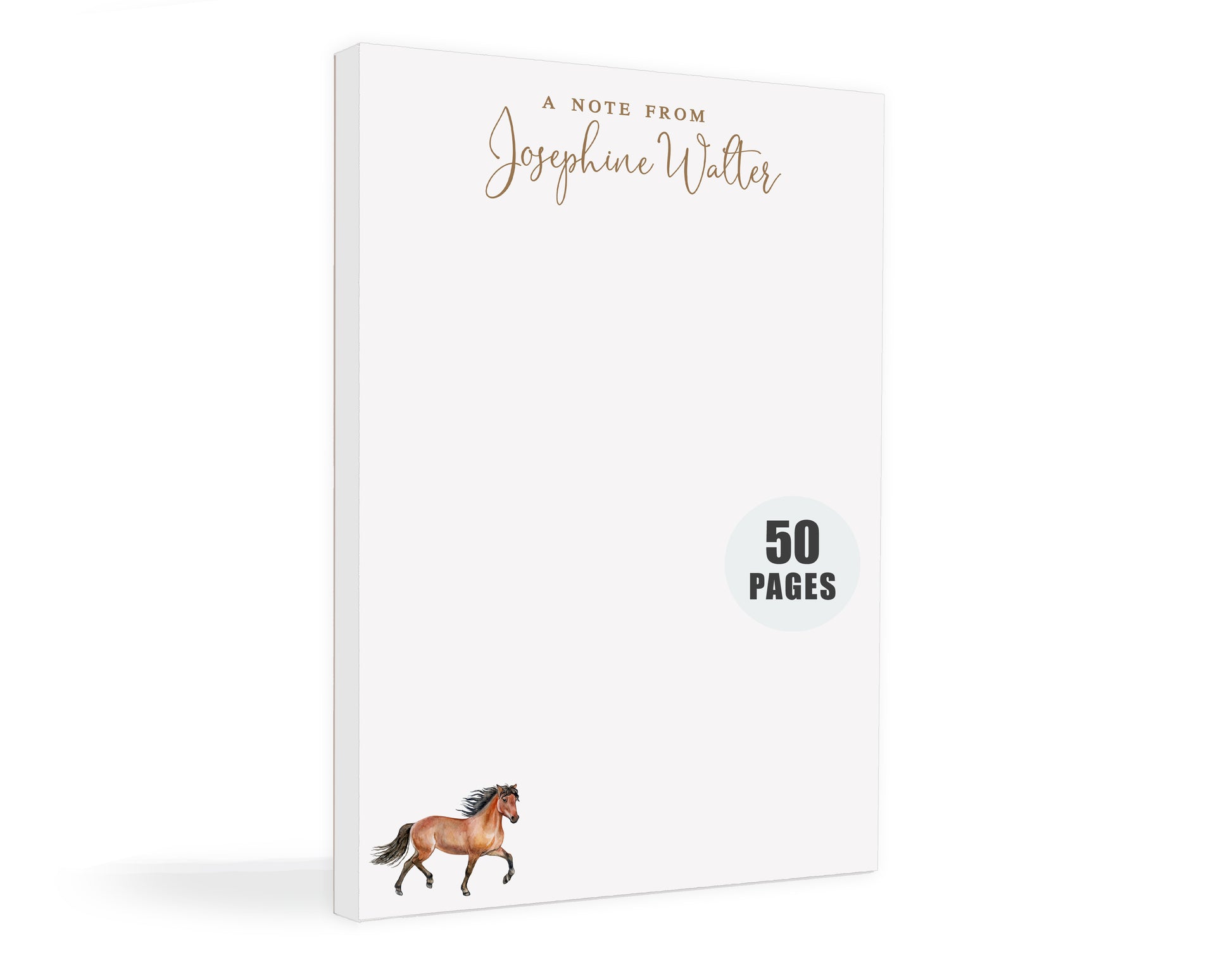 a white notepad with a horse illustration on the cover.