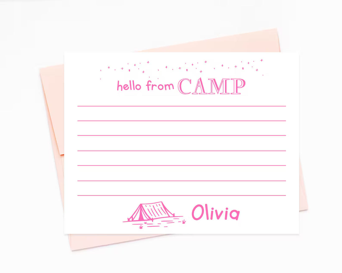 a pink note card with a personalized message and a tent illustration.