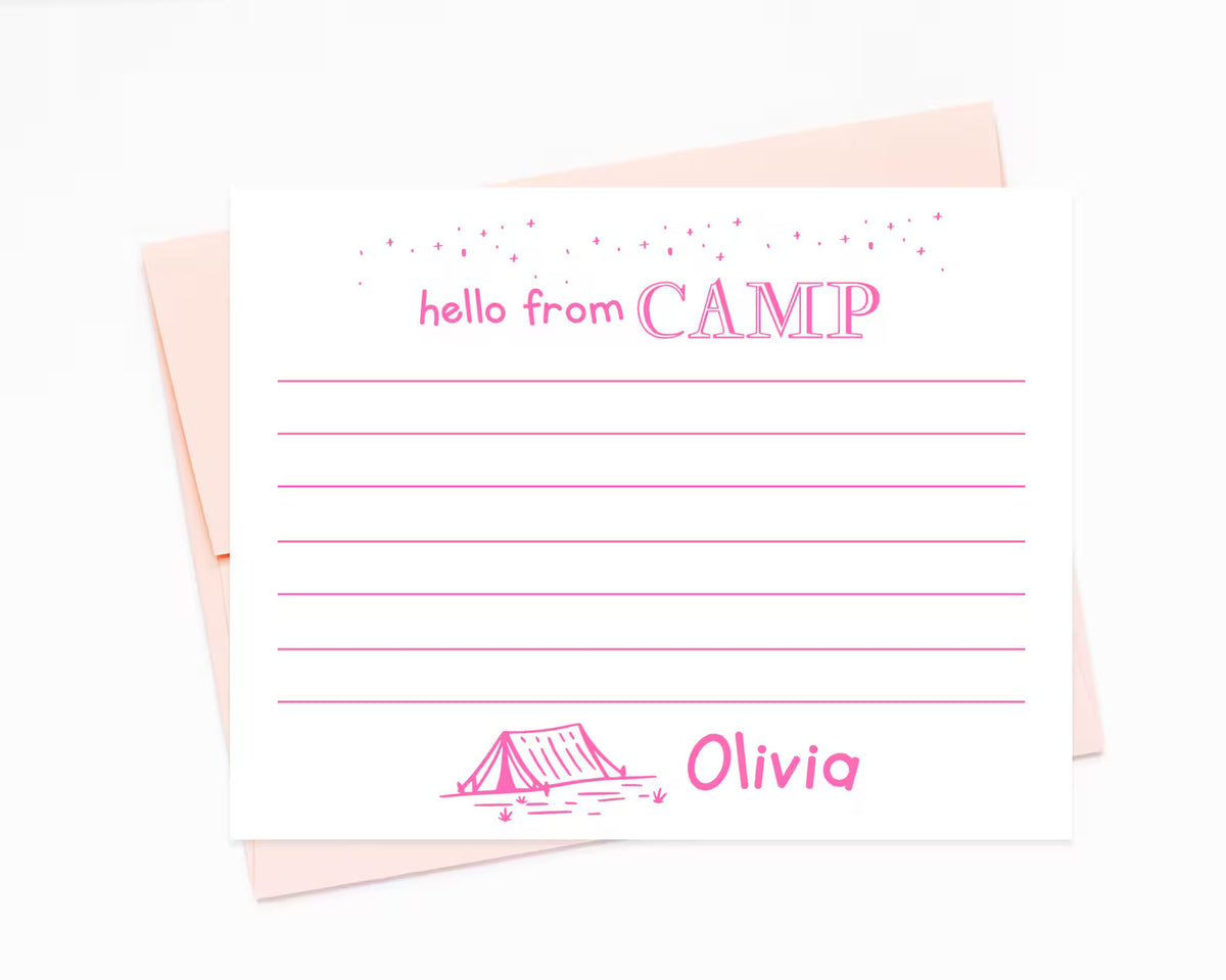 a pink note card with a personalized message and a tent illustration.