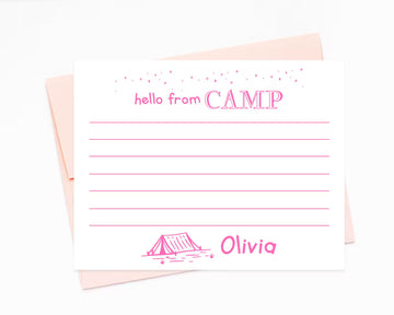 a pink note card with a personalized message and a tent illustration.