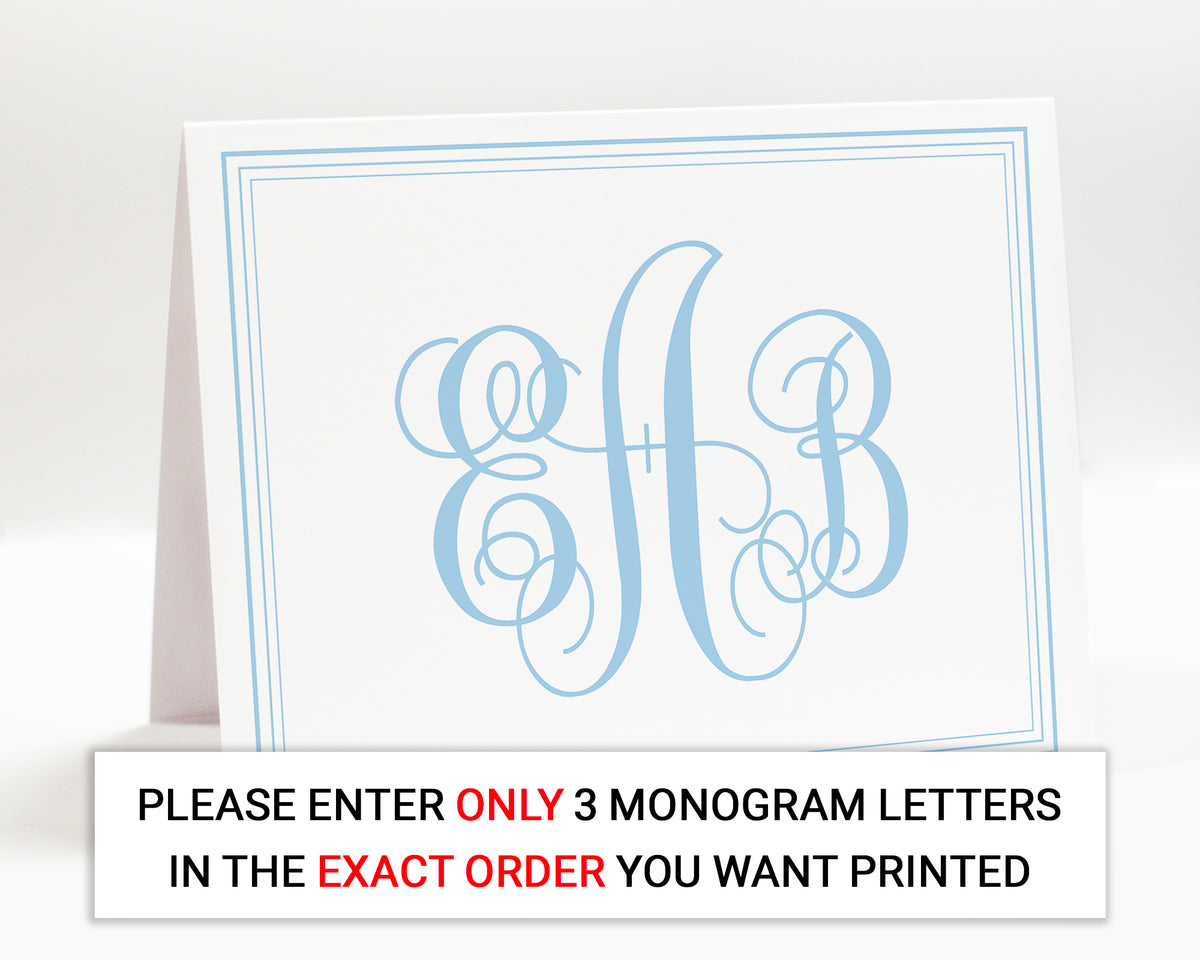 a white card with a monogram design on it. The card is placed on a white surface, and there is a text overlay that reads "PLEASE ENTER ONLY 3 MONOGRAM LETTERS IN THE EXACT ORDER YOU WANT PRINTED".