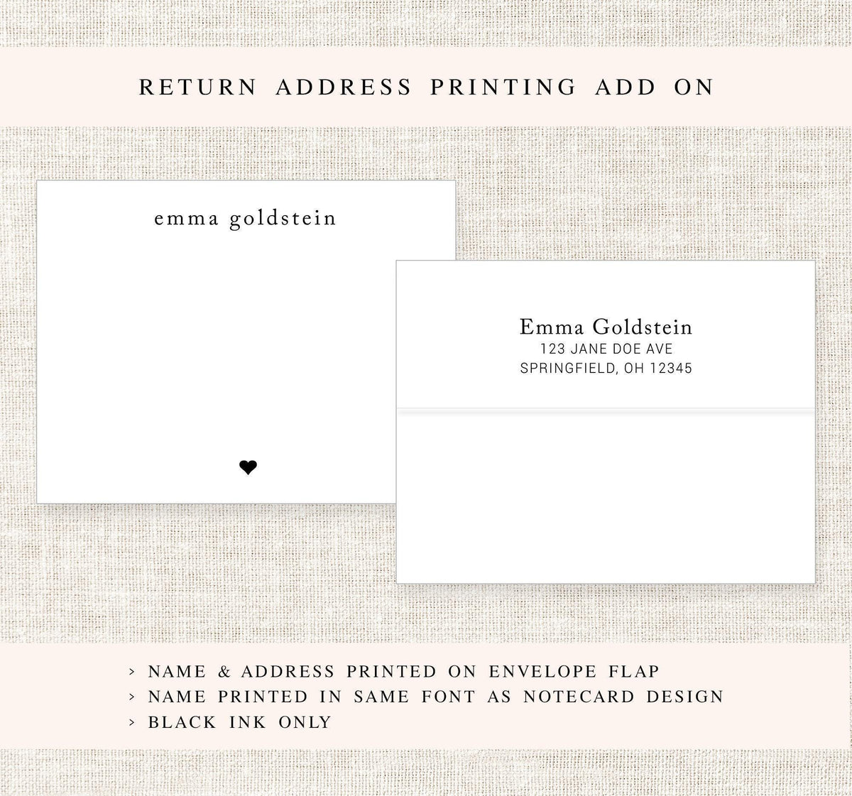 instructions for adding a return address to a printed envelope or notecard, with two examples of how the address can be printed.