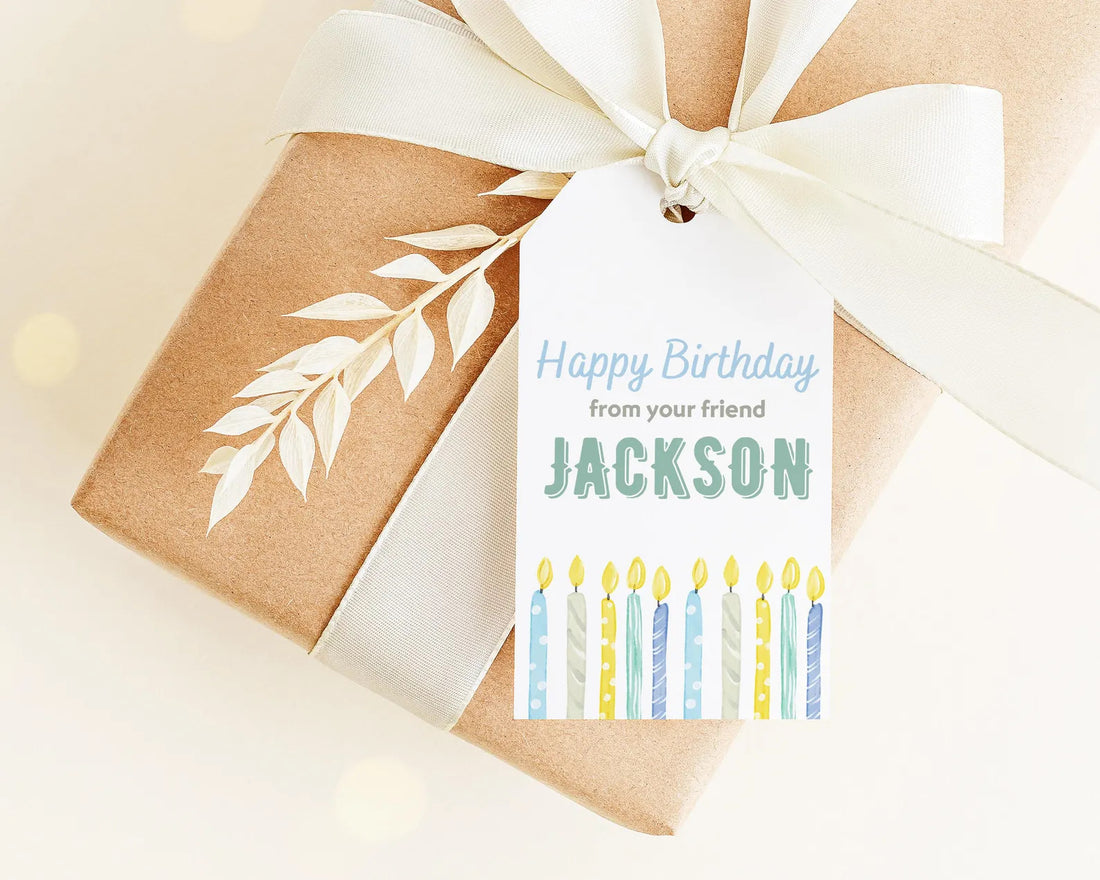 A brown gift box with a white ribbon and a tag that reads "Happy Birthday from your friend Jackson".