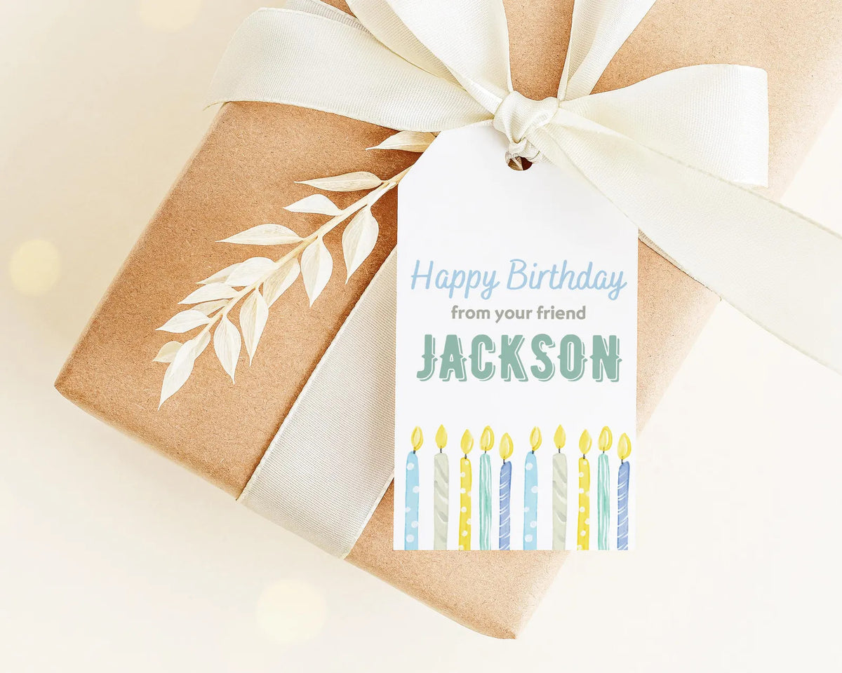 A brown gift box with a white ribbon and a tag that reads "Happy Birthday from your friend Jackson".