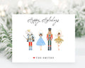 A holiday greeting card featuring four nutcracker characters in different costumes, with the text 