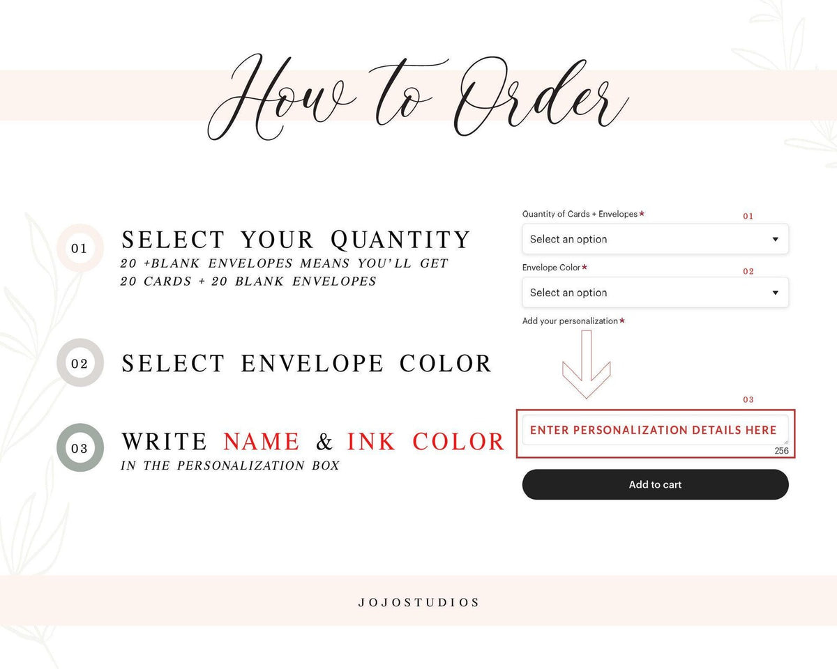 The image is a screenshot of a website's ordering process for personalized cards. It shows a step-by-step guide on how to order cards, including selecting the quantity, choosing the envelope color, and writing the name and ink color. The website is called JoJo Studios.