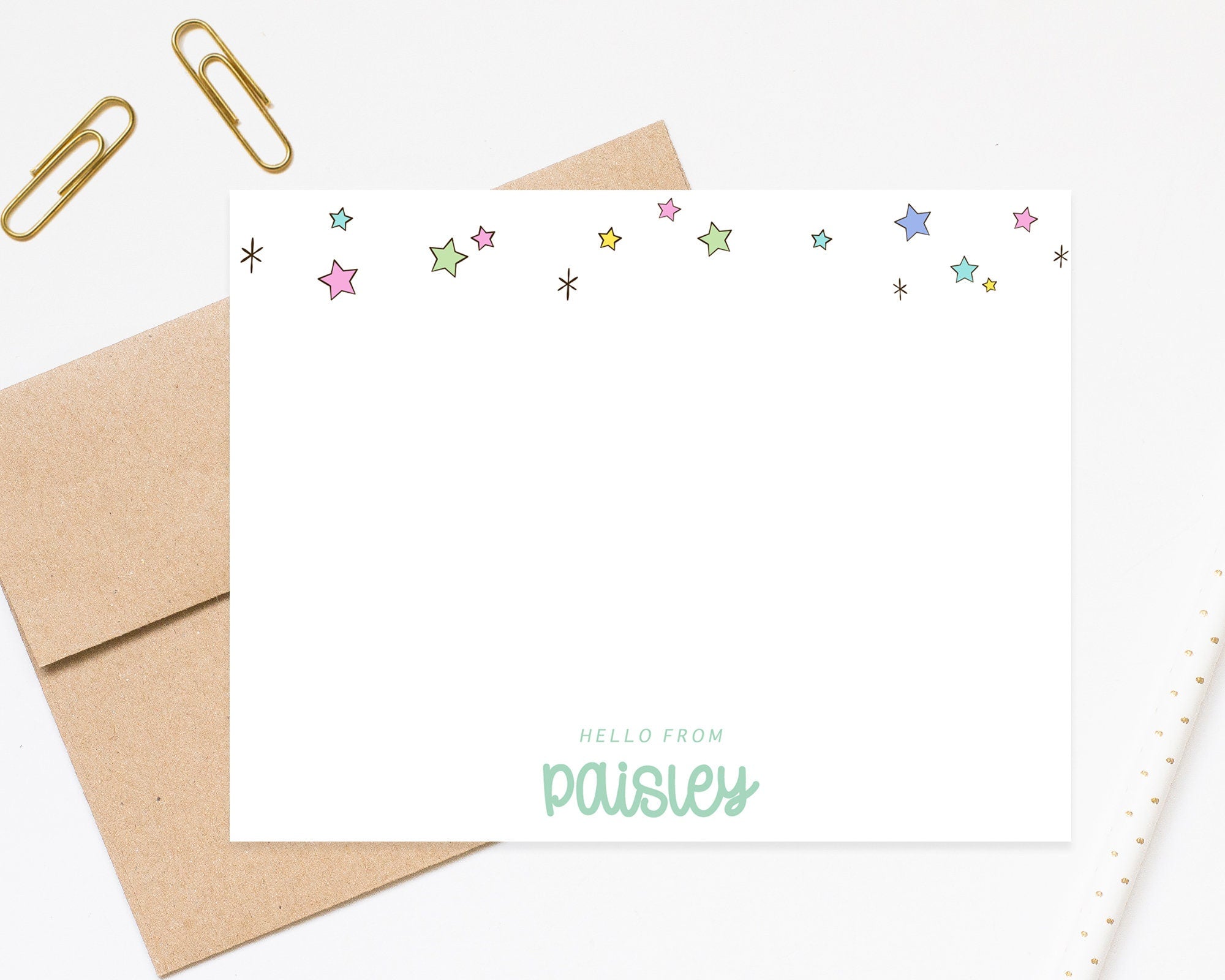 Personalized Star Stationery for Girls, Stars Birthday Stationary Card Set, Cute Hello From Notecard, Children Stationery For Her, Gift Card