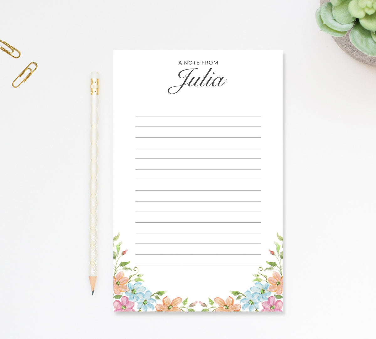 Personalized Floral Notepad, Notepad with Flowers, Custom Gift, Paper Gift, Personalized Notepads for Her, Custom Stationary Notepad