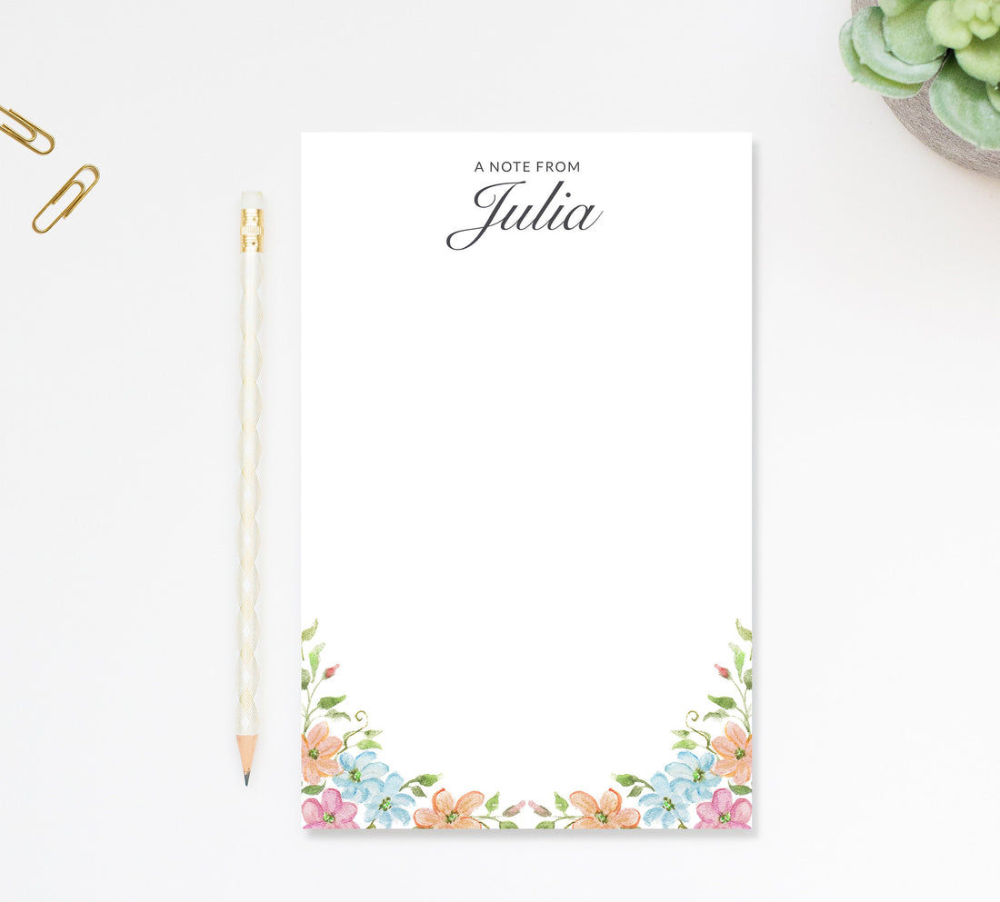 Personalized Floral Notepad, Notepad with Flowers, Custom Gift, Paper Gift, Personalized Notepads for Her, Custom Stationary Notepad