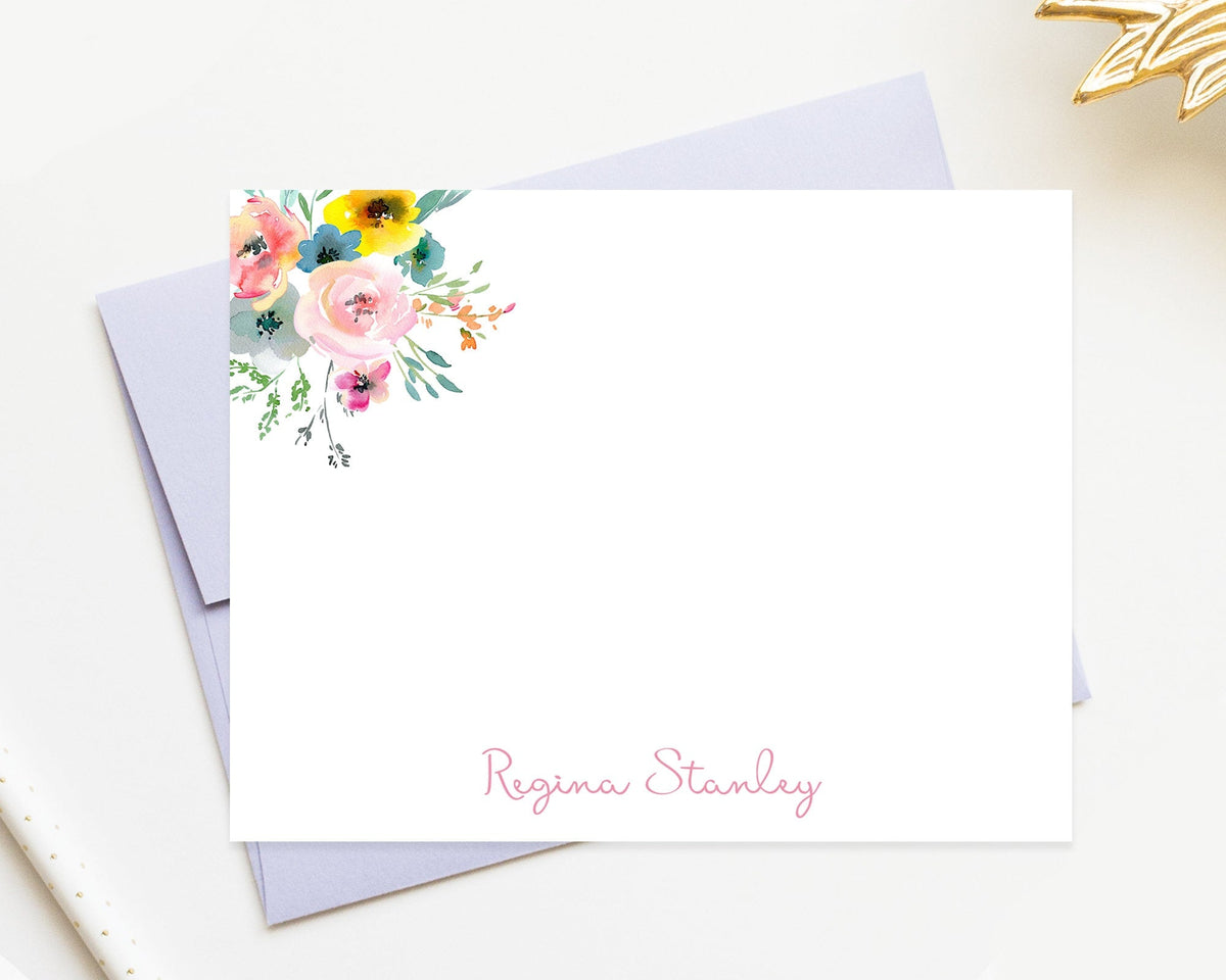 Personalized Summer Floral Stationery Card Set, Stationary Gift Card For Her, Personalized Flat Notecards with Flowers, Modern Script Note