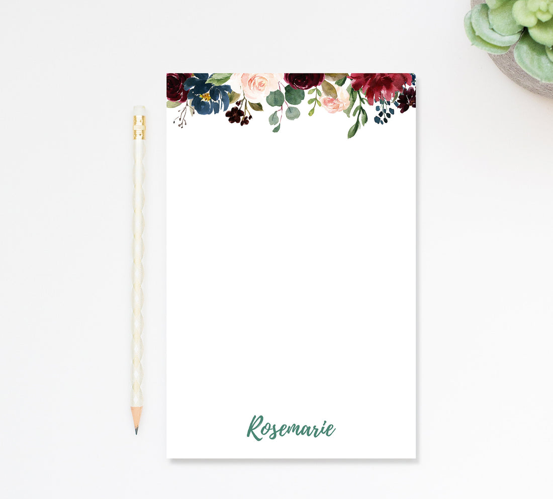 Personalized Burgundy Floral Notepad, Notepad with Flowers, Custom Gift for Mom, Notepads for Her, Women's Notepad, Customized Notepad