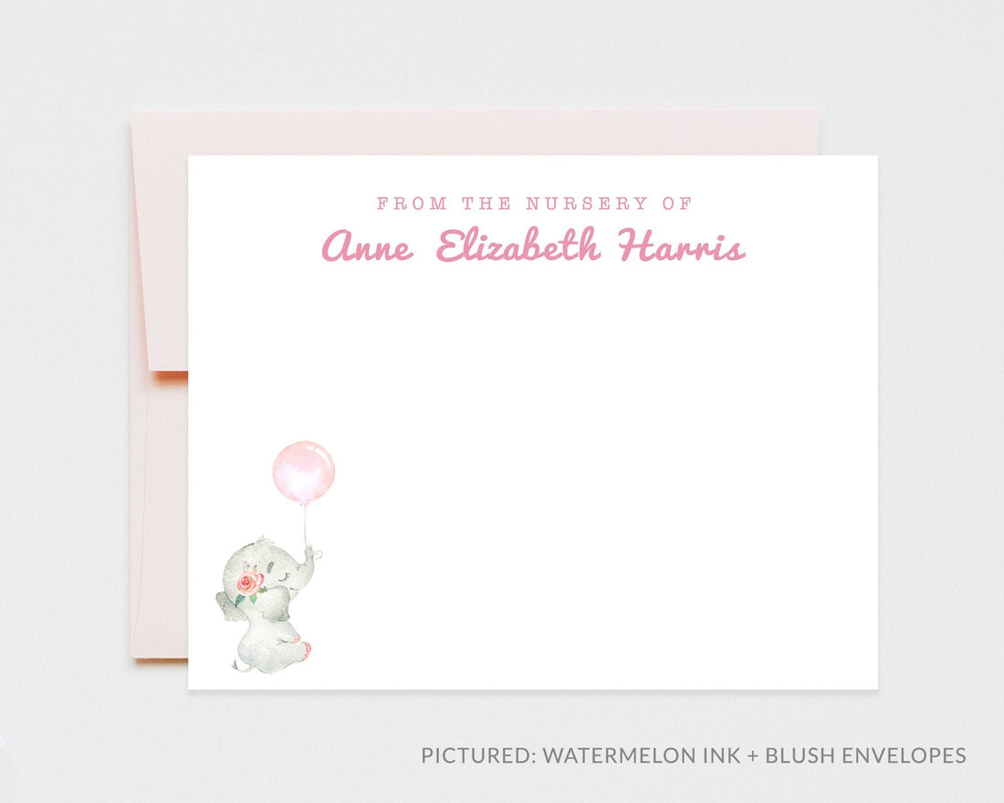 Personalized boy girl shower notecard, Baby shower gift, Thank you notes, From the nursery of children's stationary elephant theme