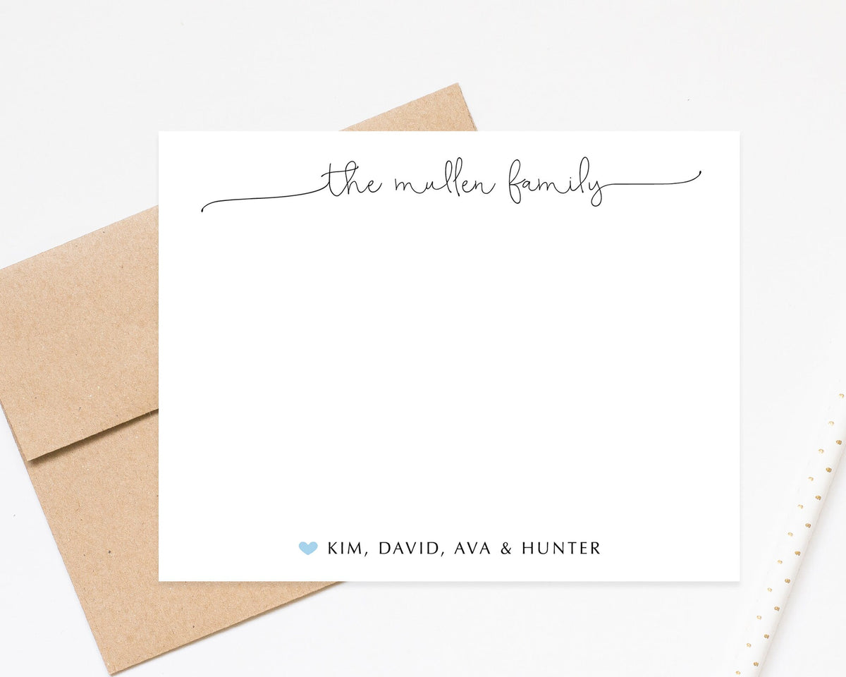 Personalized Script Family Stationery with Family Names, Elegant Script Thank You Notecards Envelopes, Custom Family Thank you Notes Set