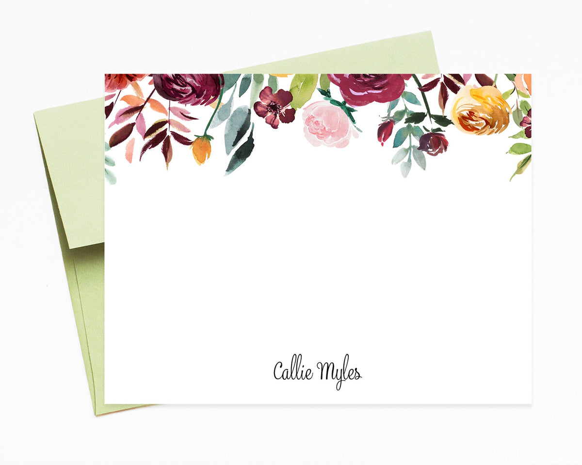 Simple Burgundy Floral Personalized Stationery Note Cards, Stationary Flat Cards with Envelopes, Personalized Stationary