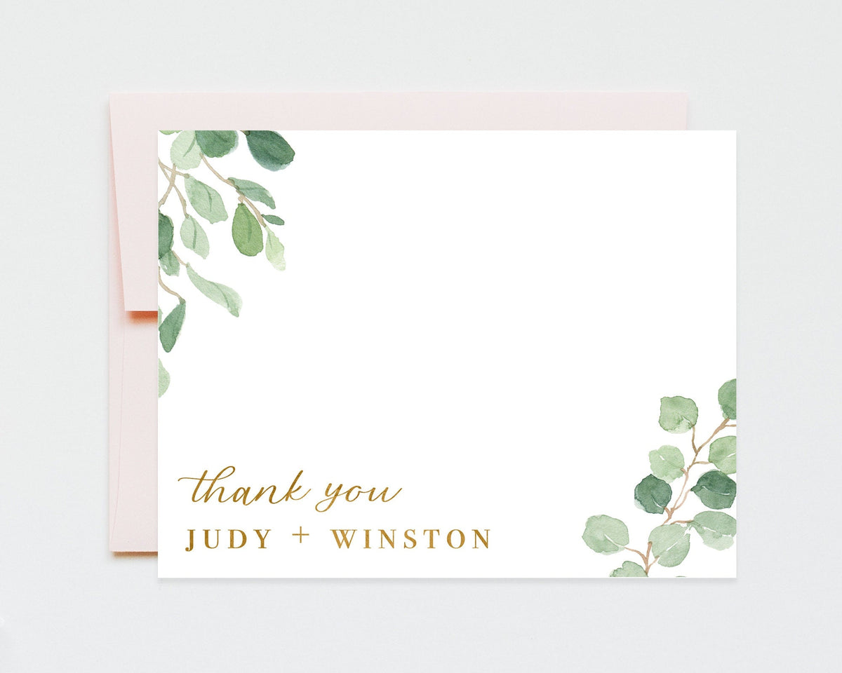 Personalized Faux Gold Floral Thank You Card, Eucalyptus Thank You Note Cards, Floral Flat Stationery Notes, Watercolor Thank you