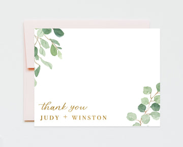 Personalized Faux Gold Floral Thank You Card, Eucalyptus Thank You Note Cards, Floral Flat Stationery Notes, Watercolor Thank you