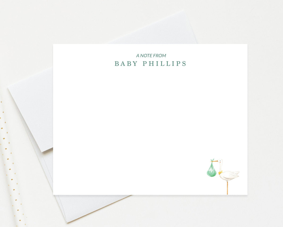 Personalized Baby Shower Stationery With Stork, Baby Invitation Notecards With Stork, Cute Baby Stationary, Thank You Custom Stationary