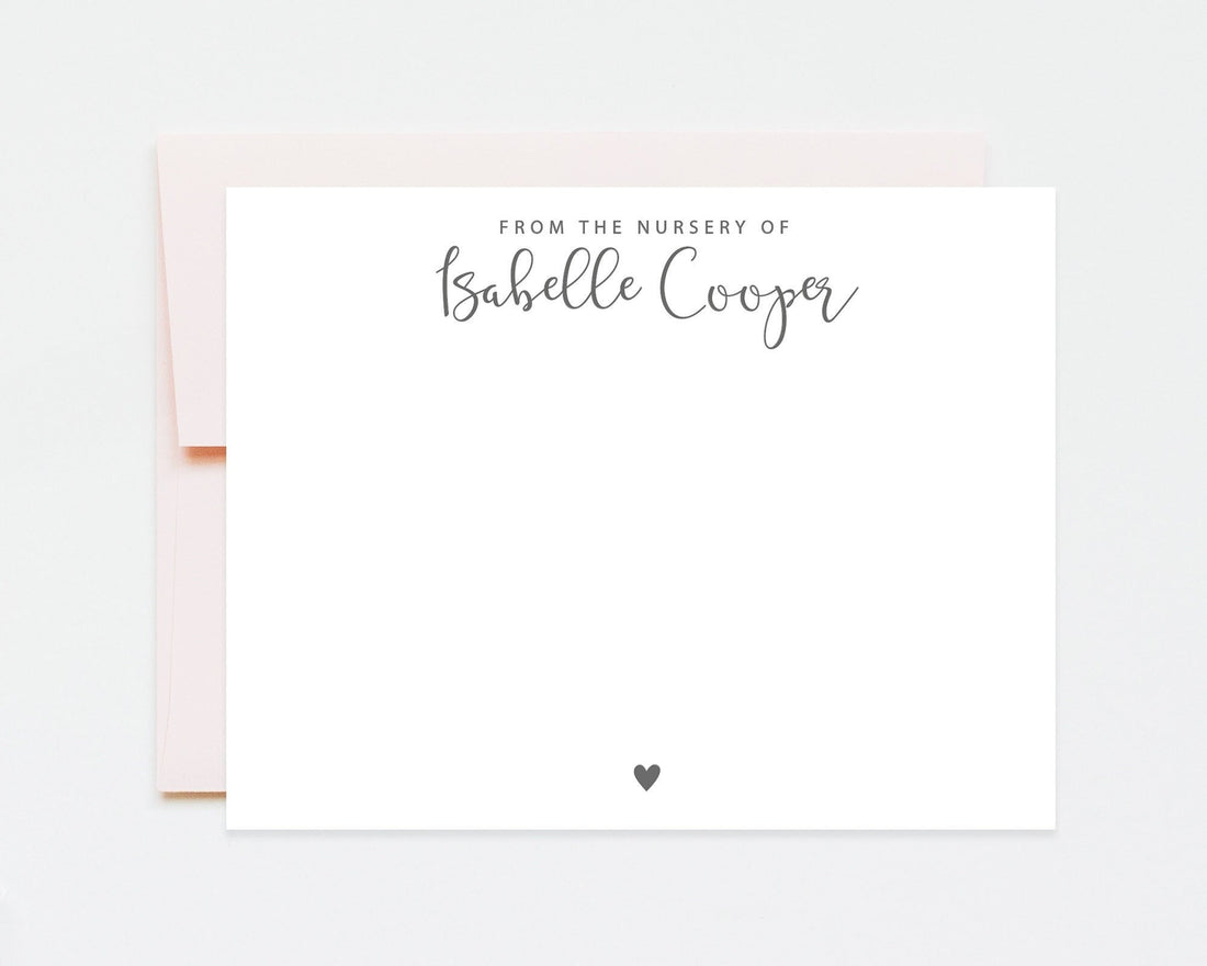 Personalized Stationery Notecard with heart for Baby, New Baby Girl Custom Gift for Mom, From the Nursery of Baby, New Mother Thank You Card
