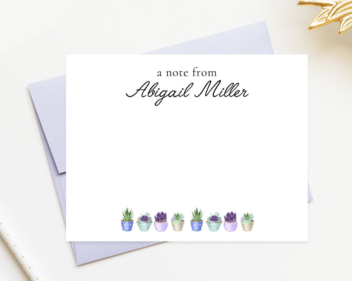 Personalized Stationery with Succulents Plants, Flower Stationary with Customized Name, Script Stationery Card Set with Envelope Custom Gift