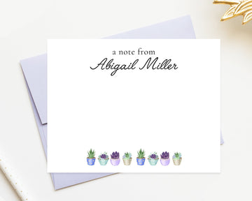 Personalized Stationery with Succulents Plants, Flower Stationary with Customized Name, Script Stationery Card Set with Envelope Custom Gift