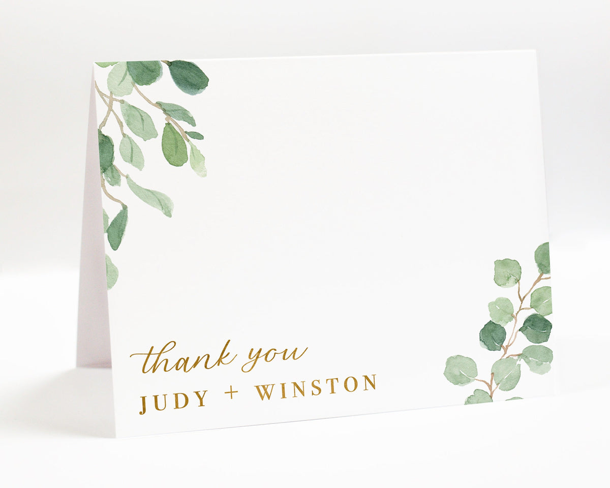 Personalized Faux Gold Floral Folded Thank You Card, Eucalyptus Thank You Note Cards, Floral Folded Stationery Notes, Watercolor Thank you
