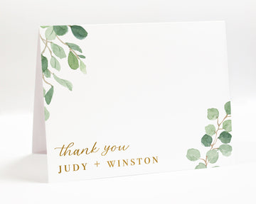 Personalized Faux Gold Floral Folded Thank You Card, Eucalyptus Thank You Note Cards, Floral Folded Stationery Notes, Watercolor Thank you