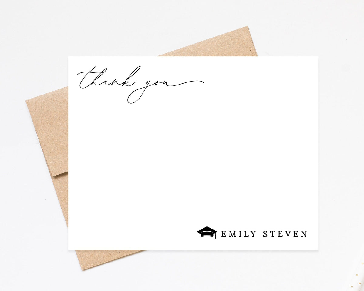 Thank You Personalized Graduation Stationery Set, Stationary Flat Card with Envelope, Personalized Grad Stationary Thank You Notes with Cap