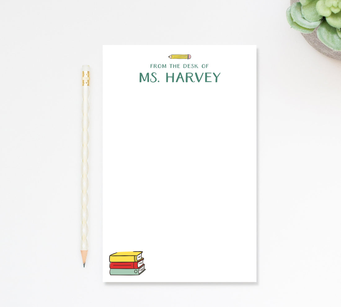 Personalized Notepad for Teacher Gift, Colorful Writing Pad with Books Pencil, From The Desk Of Custom Paper Gift under 25, 50 Sheet Notepad