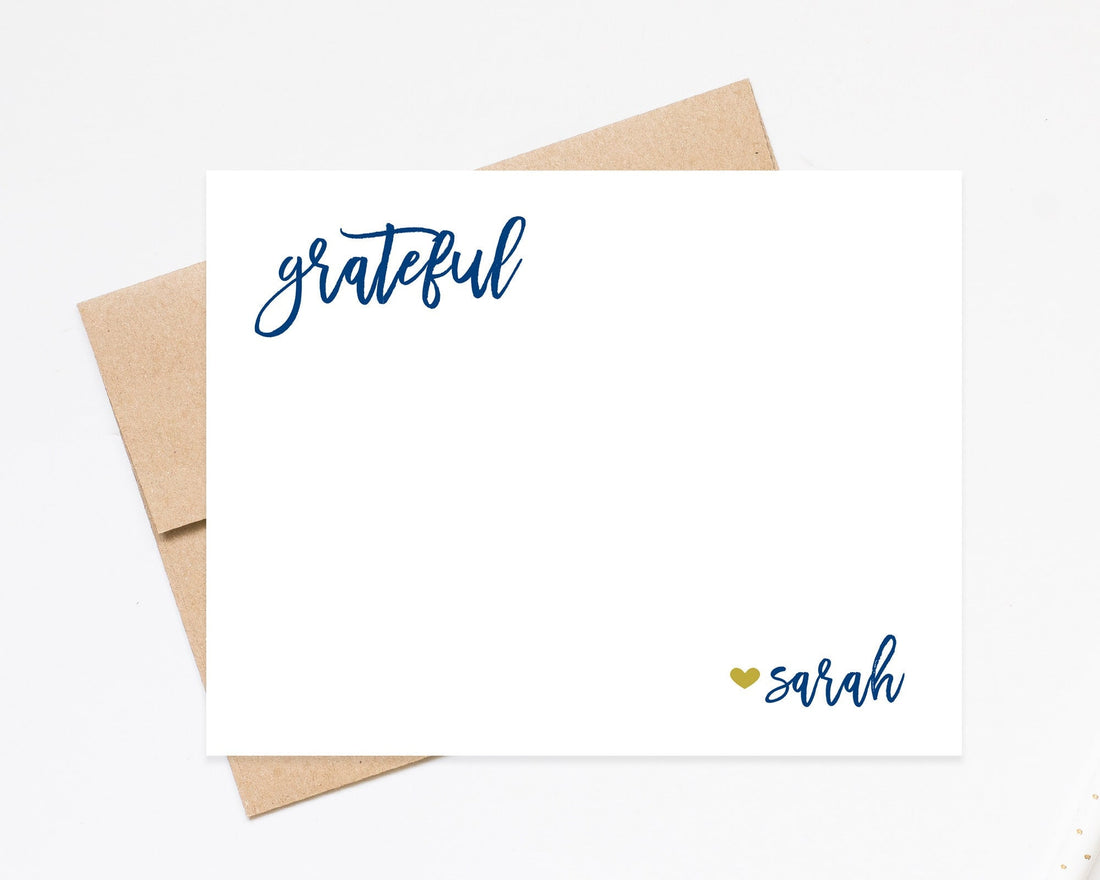 Personalized Grateful Thank You With Heart, Stationery with Envelopes, Modern Elegant Script Thank You Notecards, Grateful Stationary Set