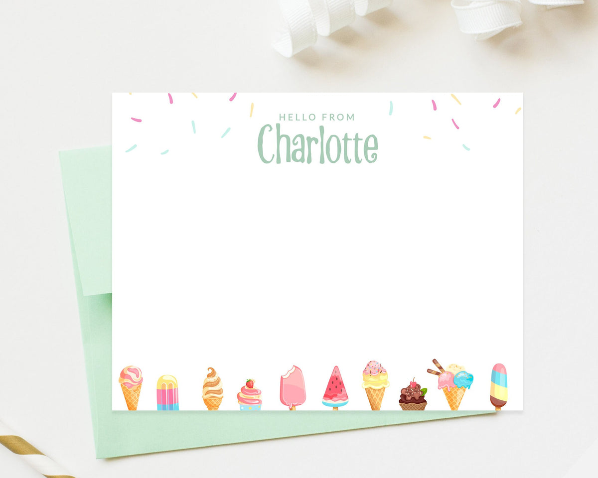 Personalized Ice Cream Stationery for Girls, Ice Cream Birthday Stationary Card Set, A Note From Notecards, Childrens Stationery For Her