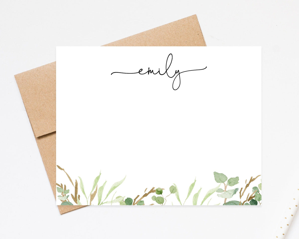 Personalized Script Floral Greenery Stationery Cards set, Flat Notecards Gift, Personalized Stationary Card Set Flat Note Cards and Envelope