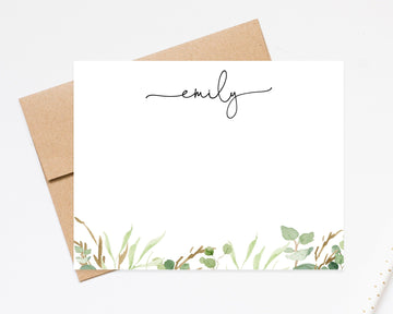 Personalized Script Floral Greenery Stationery Cards set, Flat Notecards Gift, Personalized Stationary Card Set Flat Note Cards and Envelope