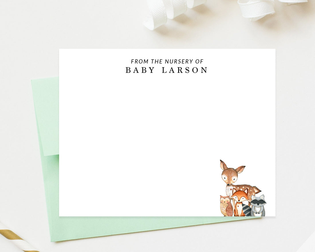 Personalized Woodland Stationery Set, Deer Fox Raccoon Custom Stationary, Stationery for Kids, Stationary for New Mom Baby Gift Card