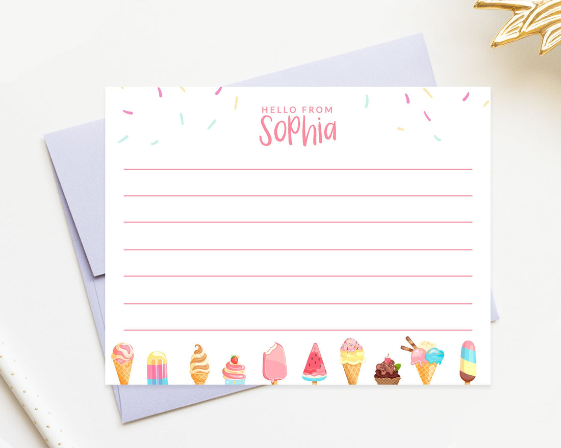 Personalized Ice Cream Stationery Set For Girls, Custom Letter for Kids with Lines, Cute Summer Notes, Personalized Notes for Daycare Card
